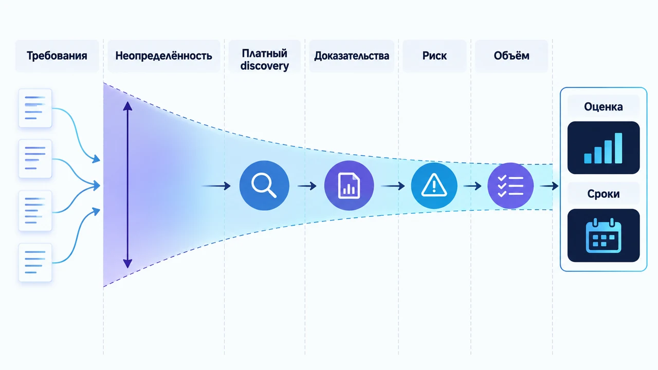 Схема взаимосвязей: Требования, Неопределённость, Платный discovery, Доказательства, Риск, Объём, Оценка.