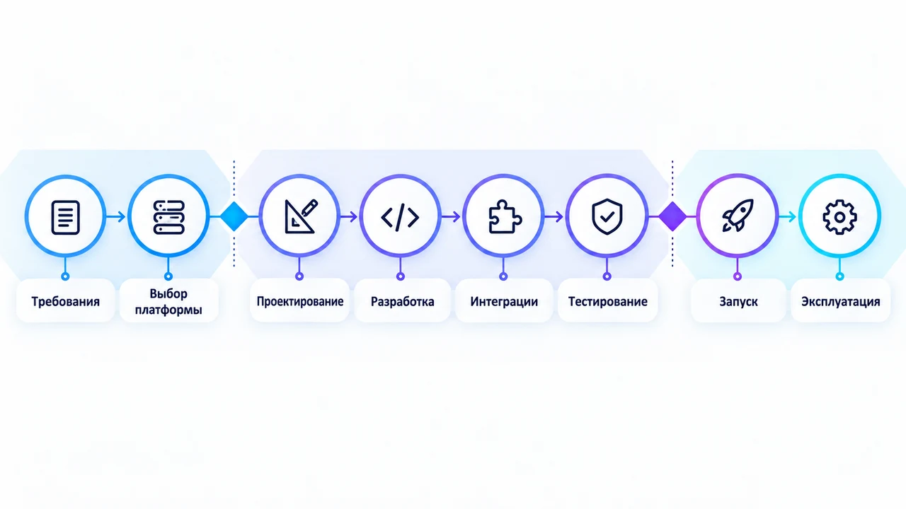 Схема взаимосвязей: Требования, Выбор платформы, Проектирование, Разработка, Интеграции, Тестирование, Запуск.