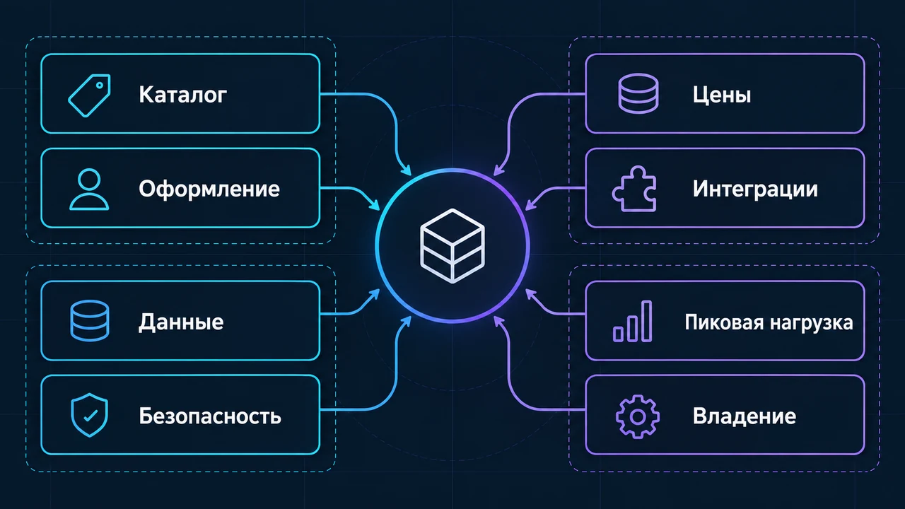 Схема взаимосвязей: Каталог, Цены, Оформление, Интеграции, Данные, Безопасность, Пиковая нагрузка.