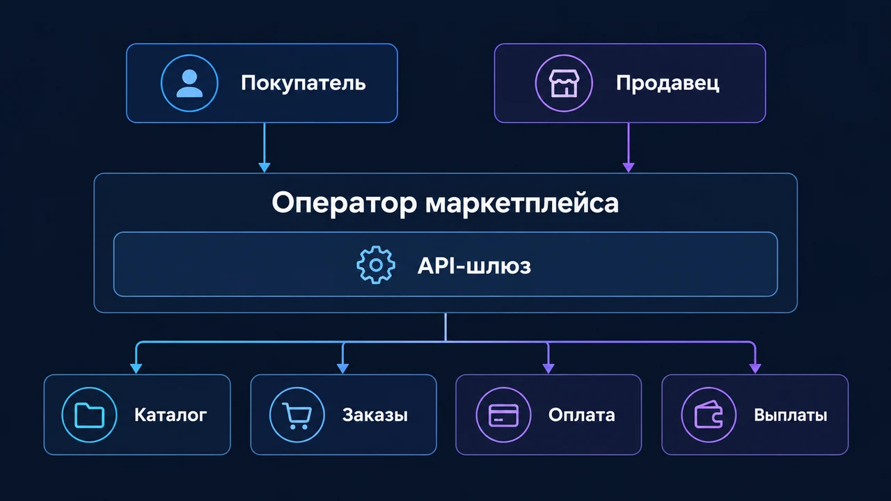 Схема взаимосвязей: Покупатель, Продавец, Оператор маркетплейса, API-шлюз, Каталог, Заказы, Оплата.