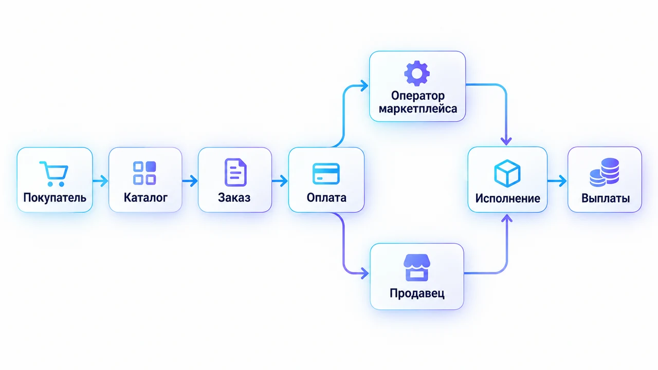 Схема взаимосвязей: Покупатель, Оператор маркетплейса, Продавец, Каталог, Заказ, Оплата, Исполнение.