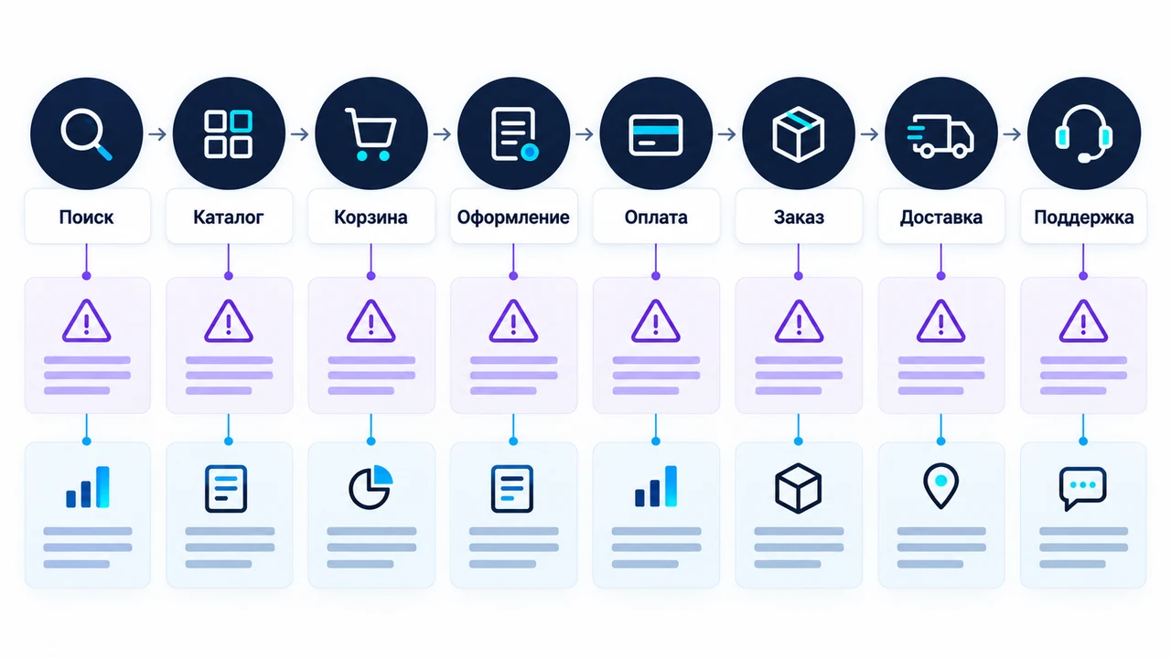 Схема взаимосвязей: Поиск, Каталог, Корзина, Оформление, Оплата, Заказ, Доставка.