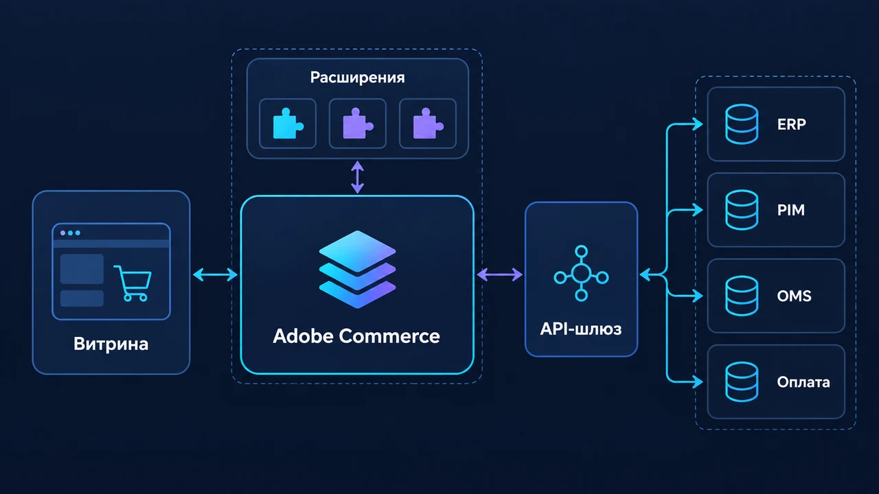 Схема взаимосвязей: Витрина, Adobe Commerce, Расширения, API-шлюз, ERP, PIM, OMS.
