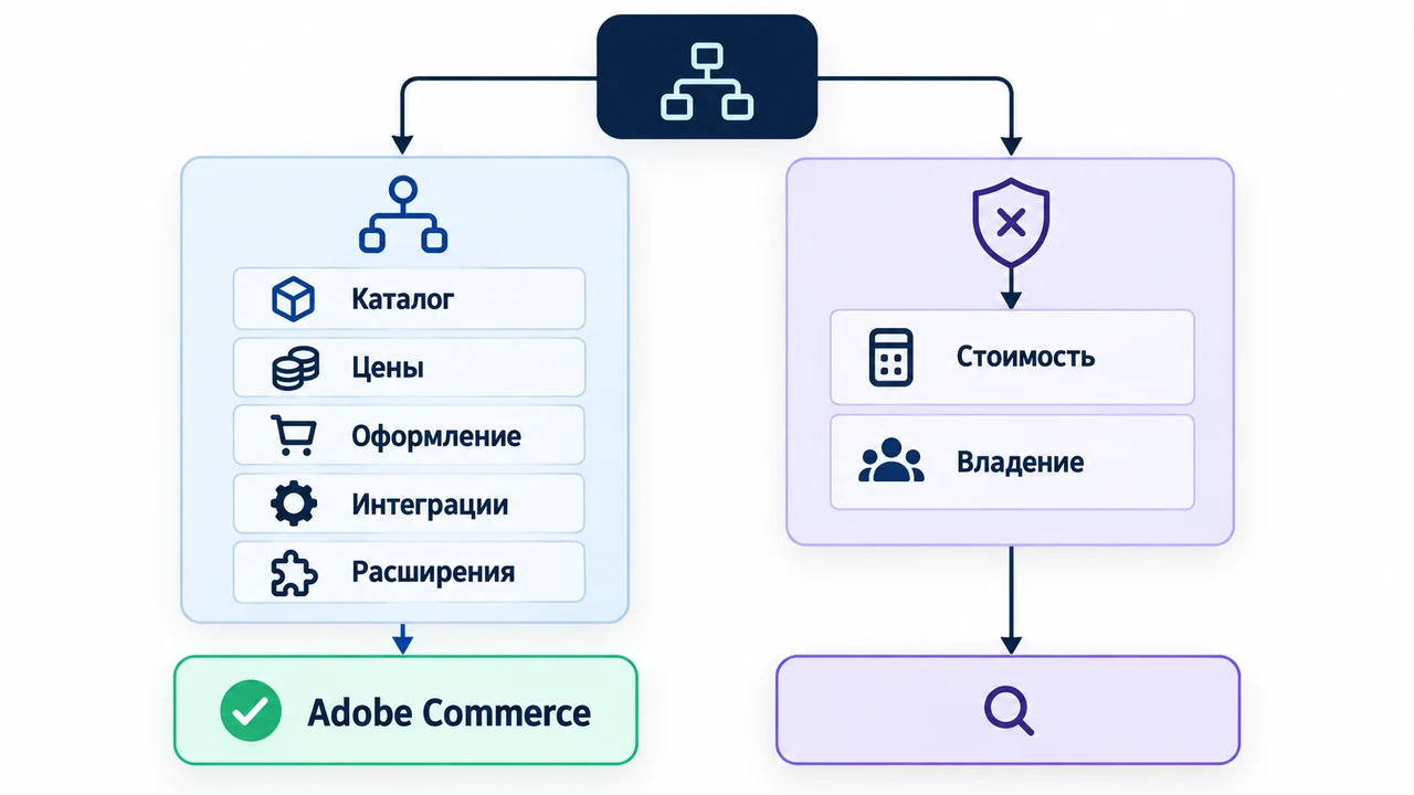 Схема взаимосвязей: Adobe Commerce, Каталог, Цены, Оформление, Интеграции, Расширения, Стоимость.