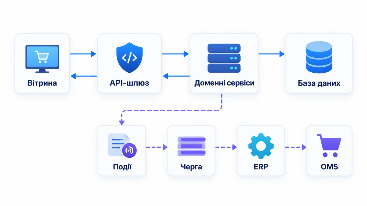 Схема взаємозв’язків: Вітрина, API-шлюз, Доменні сервіси, База даних, Події, Черга, ERP.