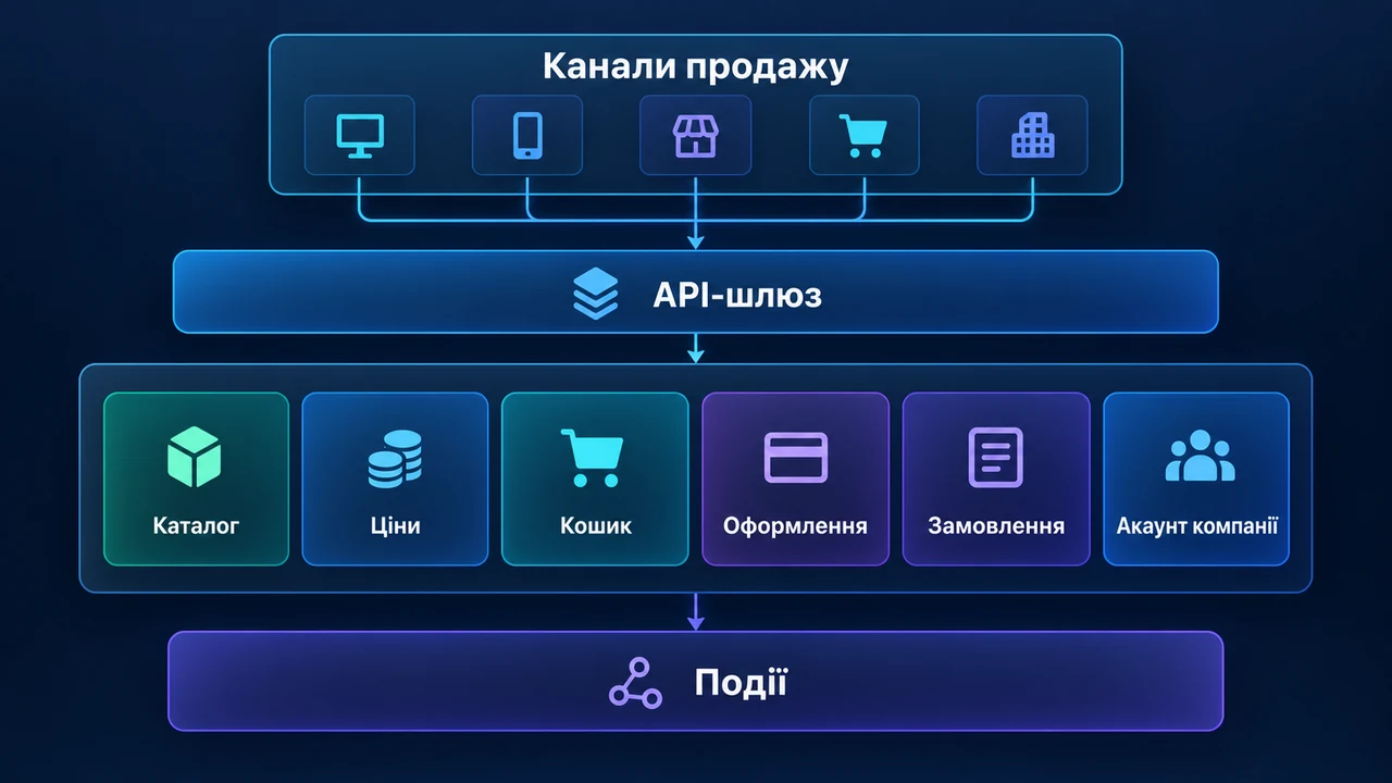 Схема взаємозв’язків: Канали продажу, API-шлюз, Каталог, Ціни, Кошик, Оформлення, Замовлення.