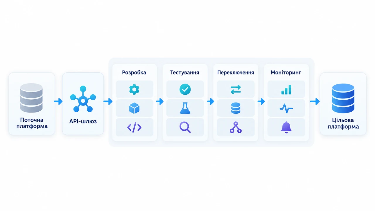 Схема взаємозв’язків: Поточна платформа, API-шлюз, Розробка, Тестування, Переключення, Моніторинг, Цільова платформа.