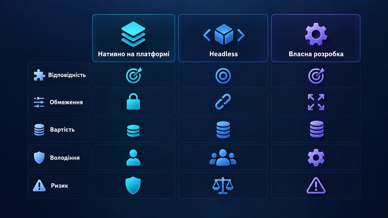 Схема взаємозв’язків: Нативно на платформі, Headless, Власна розробка, Відповідність, Обмеження, Вартість, Володіння.