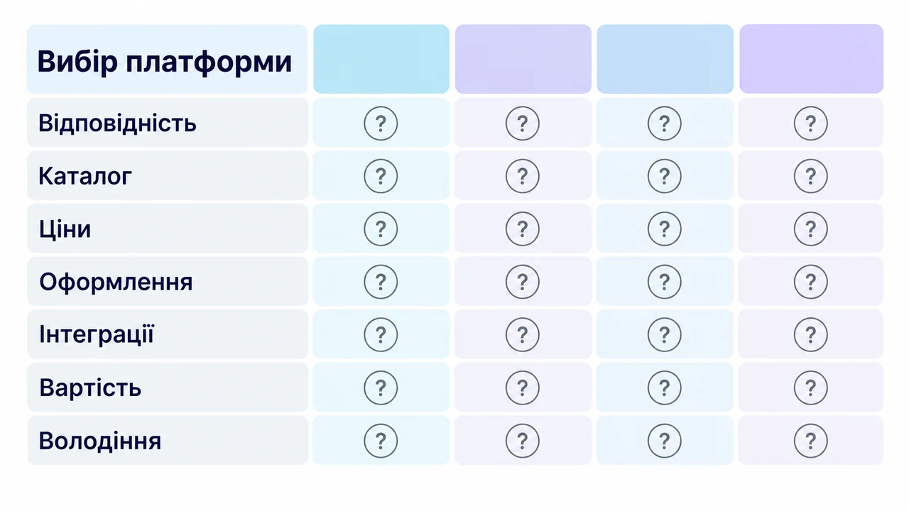 Схема взаємозв’язків: Вибір платформи, Відповідність, Каталог, Ціни, Оформлення, Інтеграції, Вартість.