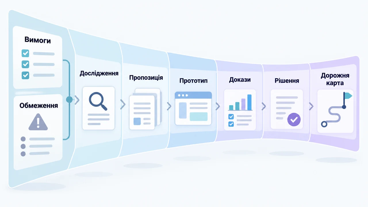 Схема взаємозв’язків: Вимоги, Обмеження, Дослідження, Пропозиція, Прототип, Докази, Рішення.