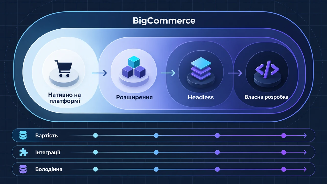 Схема взаємозв’язків: BigCommerce, Нативно на платформі, Розширення, Headless, Власна розробка, Інтеграції, Вартість.
