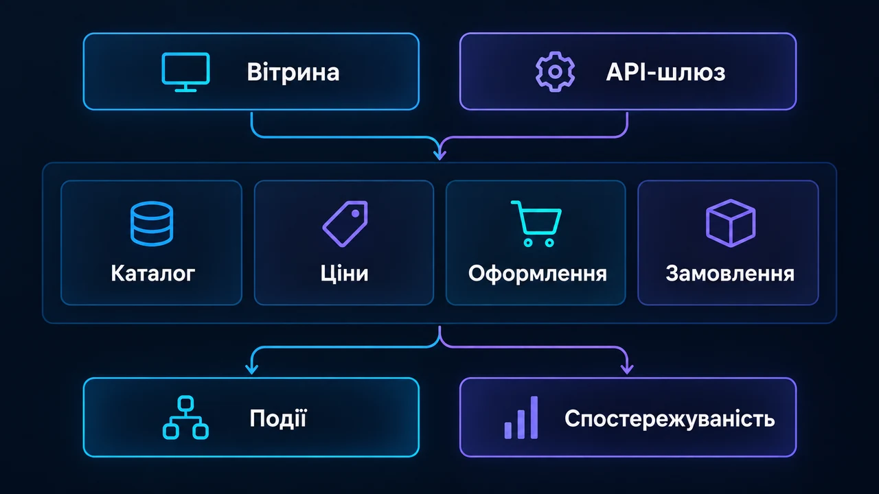 Схема взаємозв’язків: Вітрина, API-шлюз, Каталог, Ціни, Оформлення, Замовлення, Події.