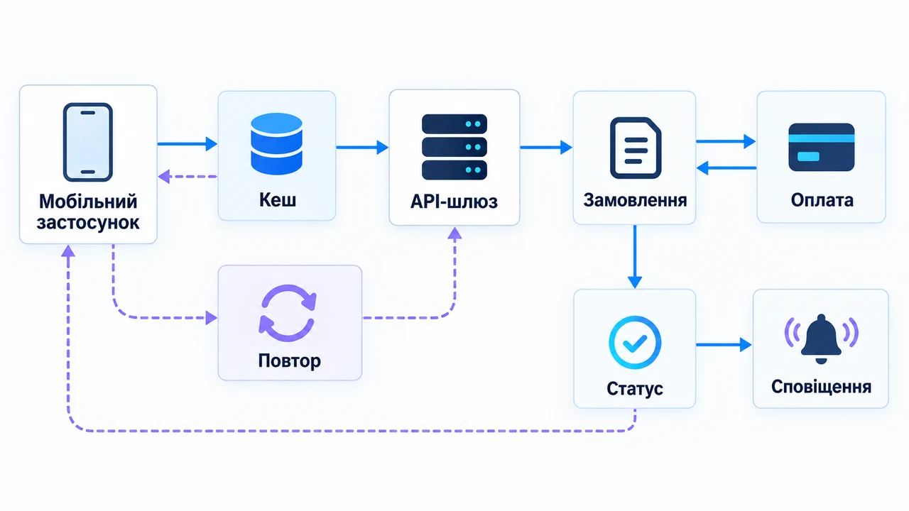 Схема взаємозв’язків: Мобільний застосунок, Кеш, API-шлюз, Повтор, Замовлення, Оплата, Статус.