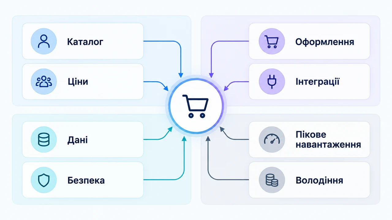 Схема взаємозв’язків: Каталог, Ціни, Оформлення, Інтеграції, Дані, Безпека, Пікове навантаження.