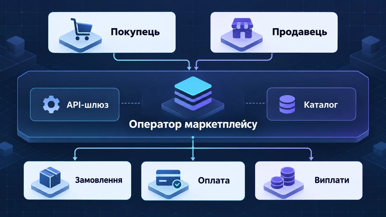 Схема взаємозв’язків: Покупець, Продавець, Оператор маркетплейсу, API-шлюз, Каталог, Замовлення, Оплата.