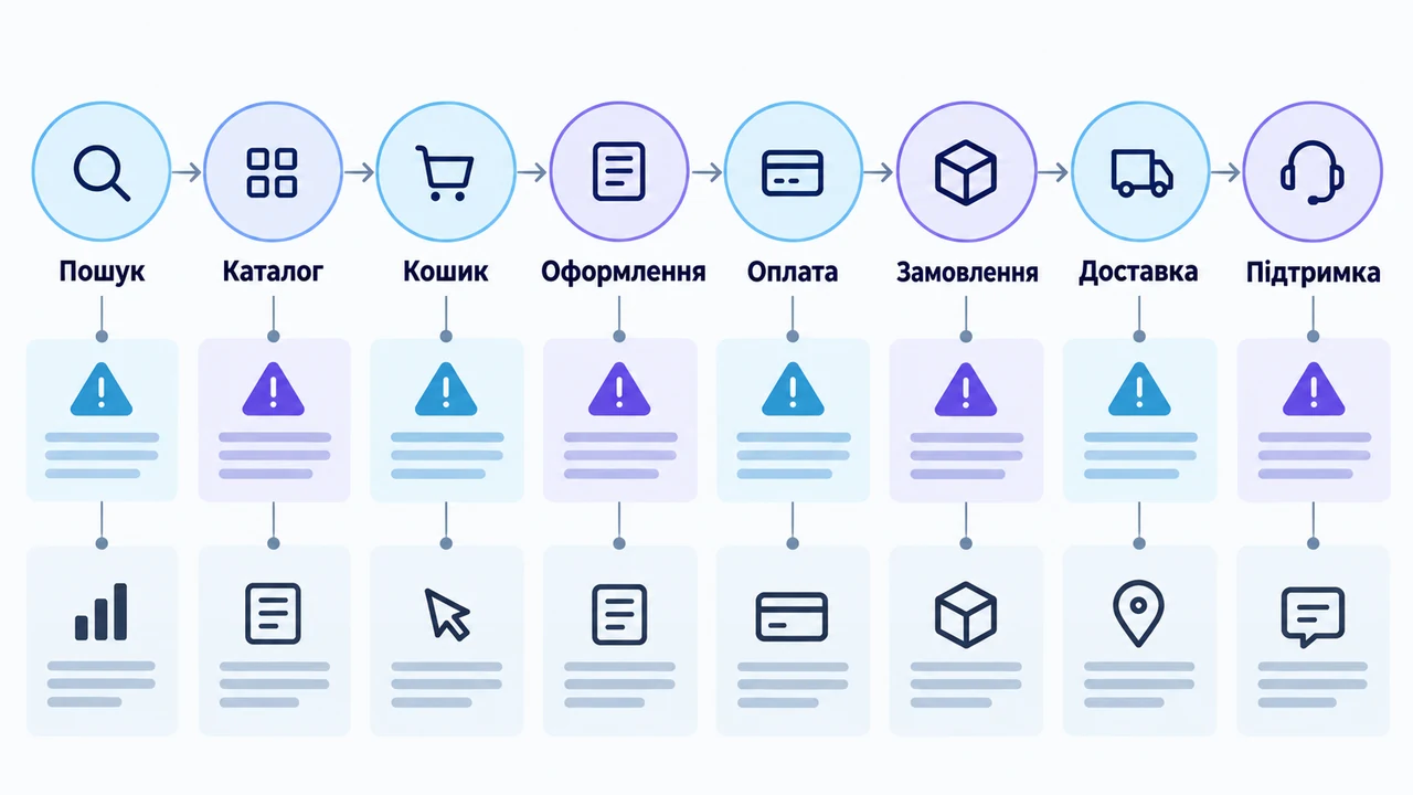 Схема взаємозв’язків: Пошук, Каталог, Кошик, Оформлення, Оплата, Замовлення, Доставка.