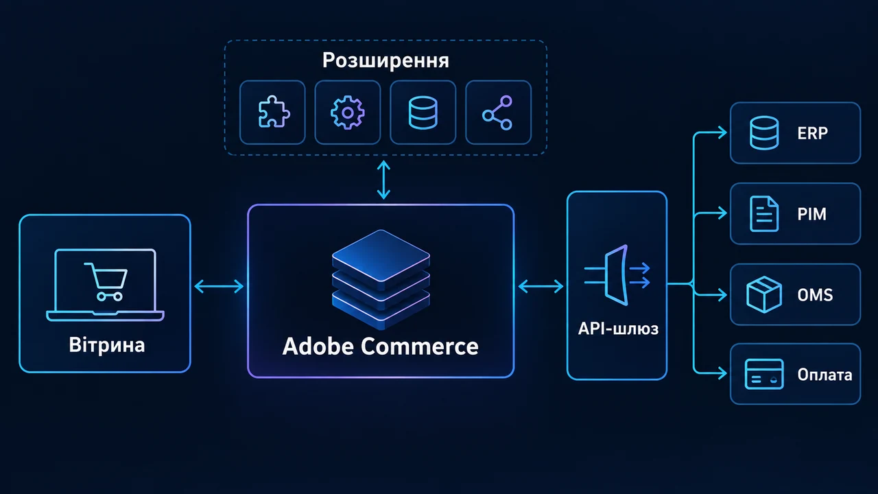 Схема взаємозв’язків: Вітрина, Adobe Commerce, Розширення, API-шлюз, ERP, PIM, OMS.