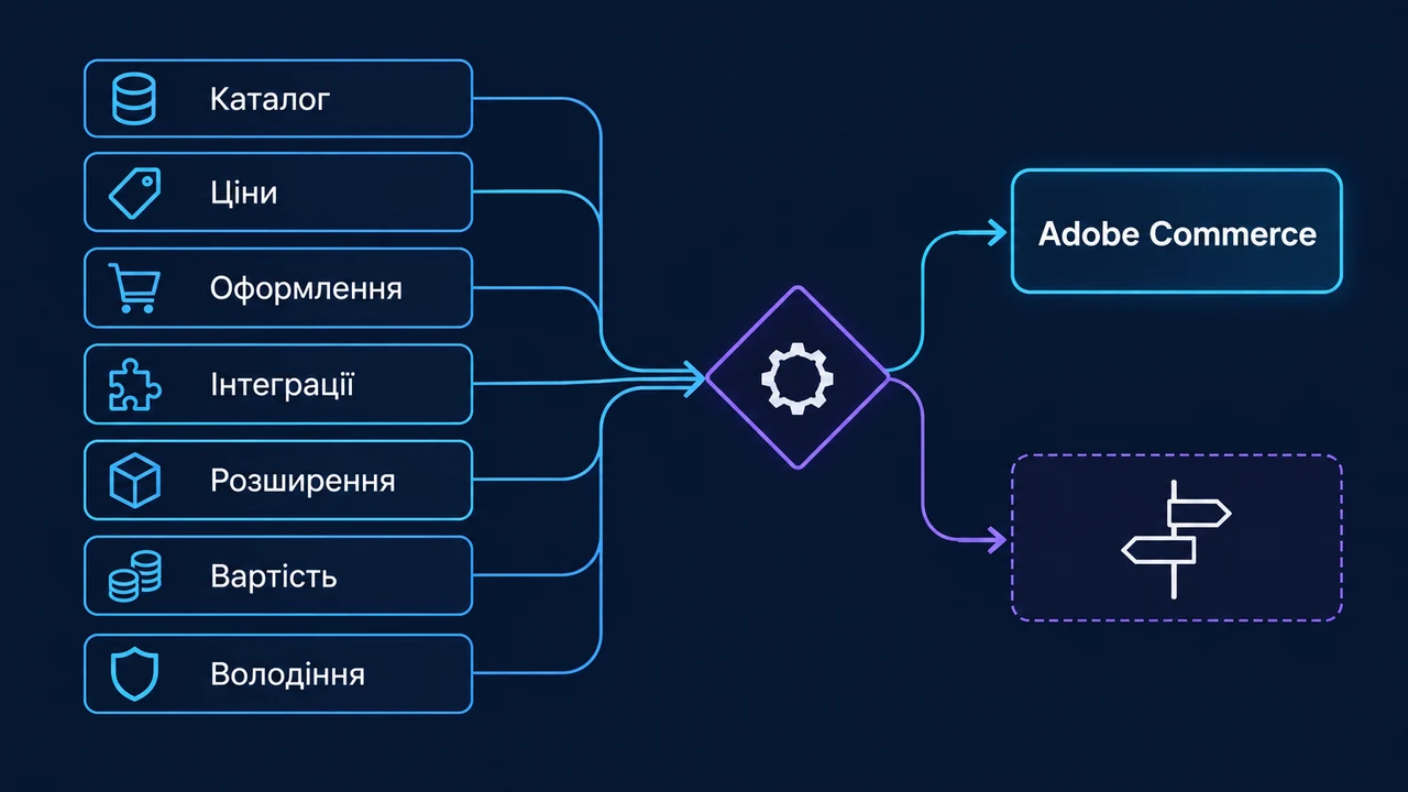 Схема взаємозв’язків: Adobe Commerce, Каталог, Ціни, Оформлення, Інтеграції, Розширення, Вартість.
