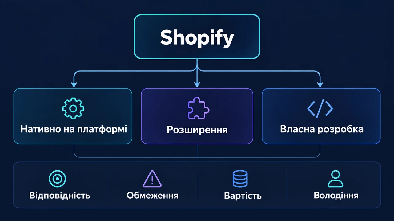 Схема взаємозв’язків: Shopify, Нативно на платформі, Розширення, Власна розробка, Відповідність, Обмеження, Вартість.