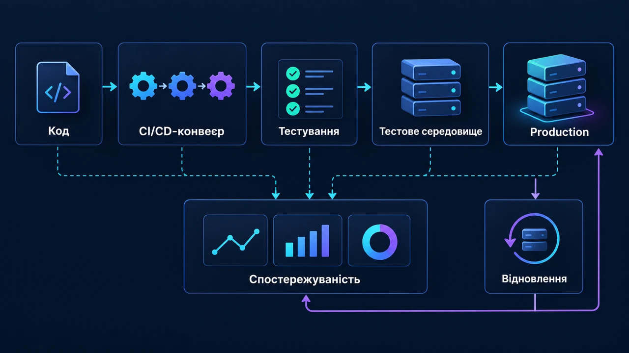Схема взаємозв’язків: Код, CI/CD-конвеєр, Тестування, Тестове середовище, Production, Спостережуваність, Відновлення.