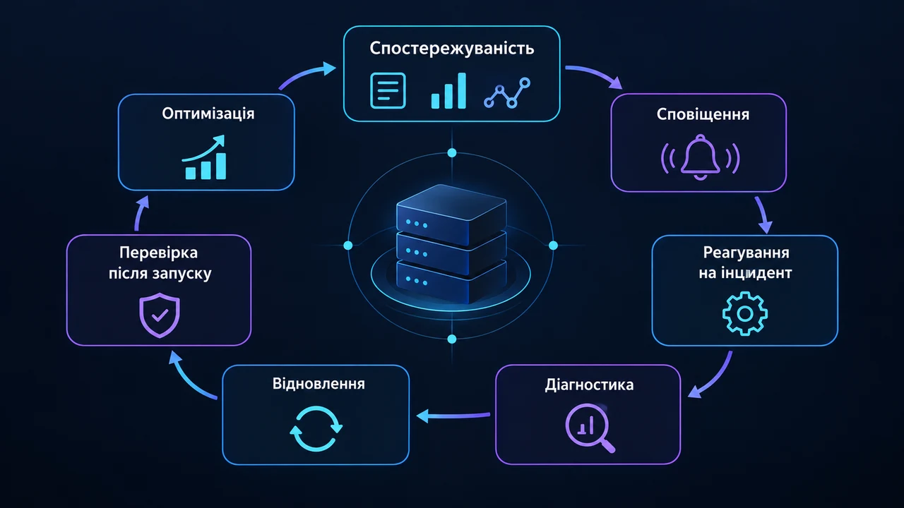Схема взаємозв’язків: Спостережуваність, Сповіщення, Реагування на інцидент, Діагностика, Відновлення, Перевірка після запуску, Оптимізація.