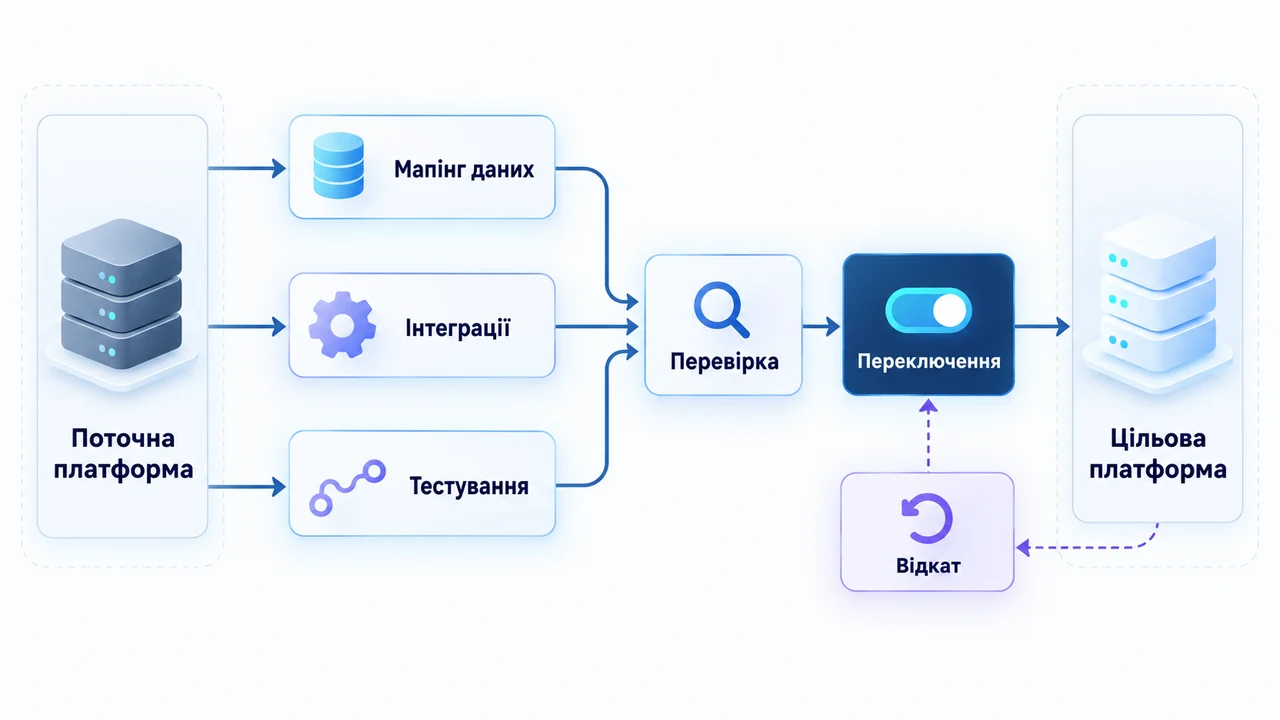 Схема взаємозв’язків: Поточна платформа, Мапінг даних, Інтеграції, Тестування, Перевірка, Переключення, Відкат.
