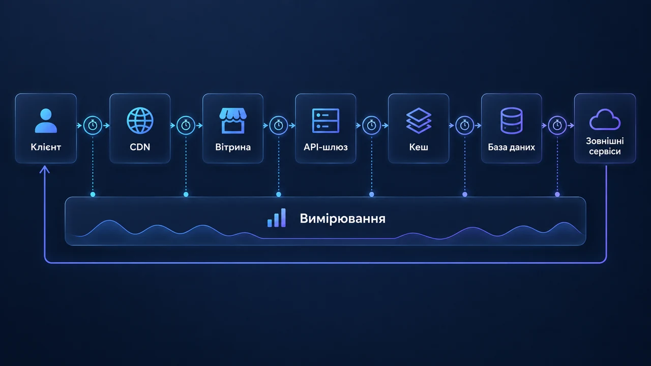 Схема взаємозв’язків: Клієнт, CDN, Вітрина, API-шлюз, Кеш, База даних, Зовнішні сервіси.