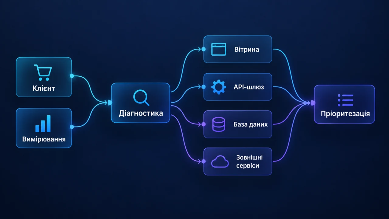 Схема взаємозв’язків: Вимірювання, Клієнт, Вітрина, API-шлюз, База даних, Зовнішні сервіси, Діагностика.