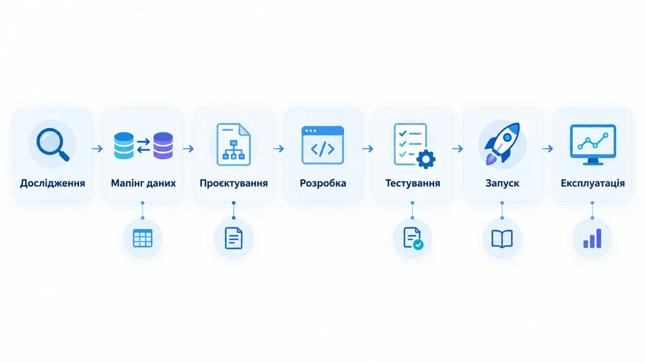 Схема взаємозв’язків: Дослідження, Мапінг даних, Проєктування, Розробка, Тестування, Запуск, Експлуатація.