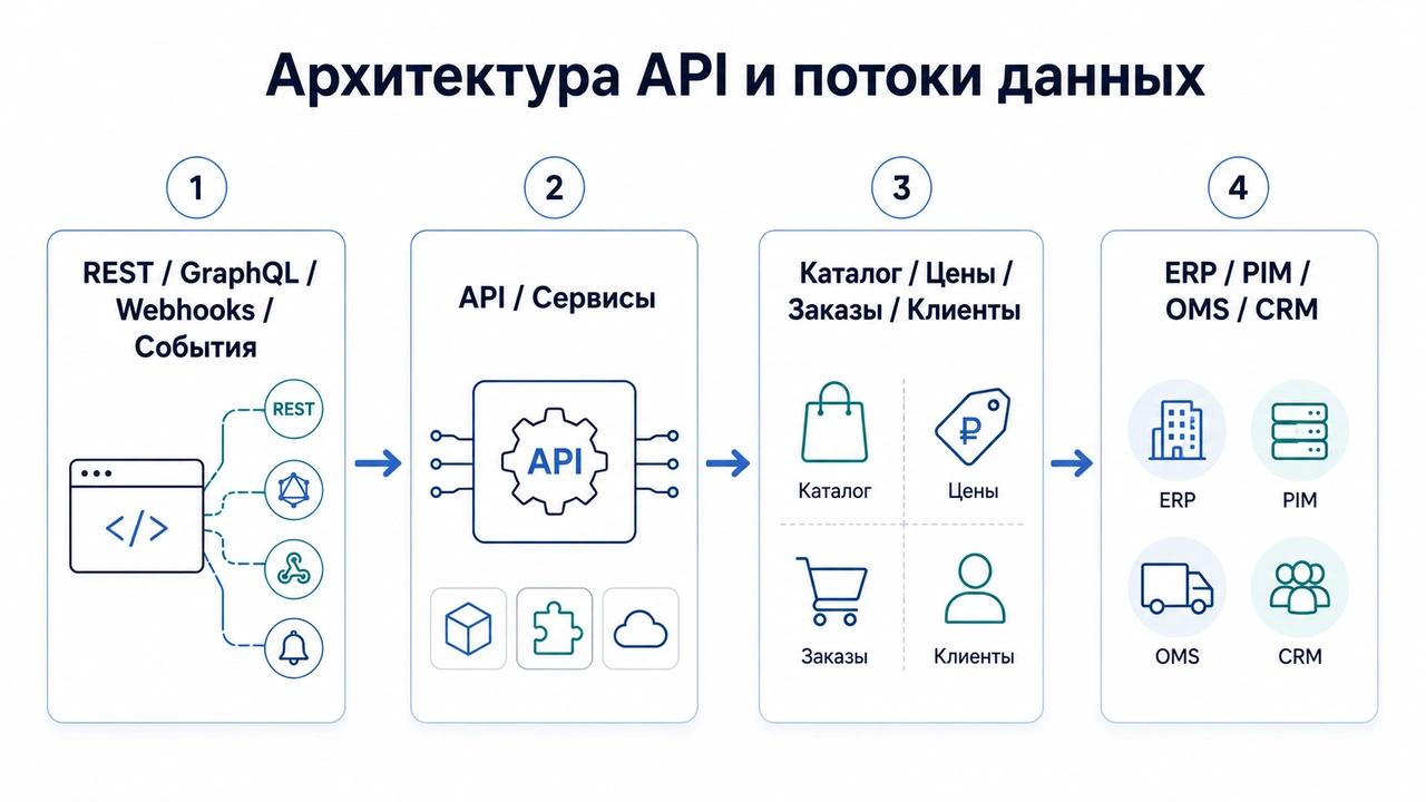 API-архитектура eCommerce с REST, GraphQL, Webhooks, событиями и интеграциями ERP, PIM, OMS и CRM