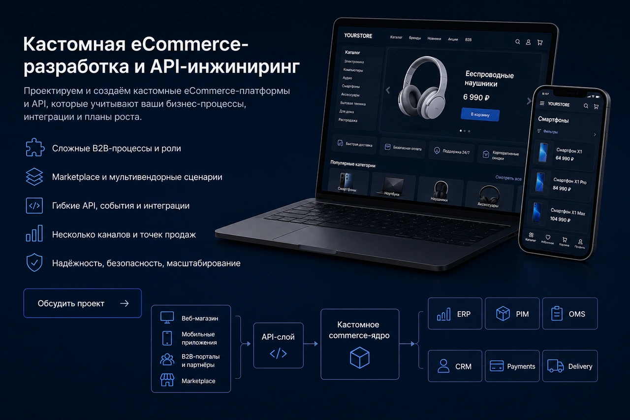 Кастомная eCommerce-платформа и API-инжиниринг с интеграциями ERP, PIM, OMS и CRM