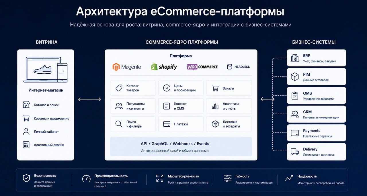 Архитектура eCommerce-платформы с commerce-ядром и интеграциями ERP, PIM, OMS, CRM, оплатой и доставкой