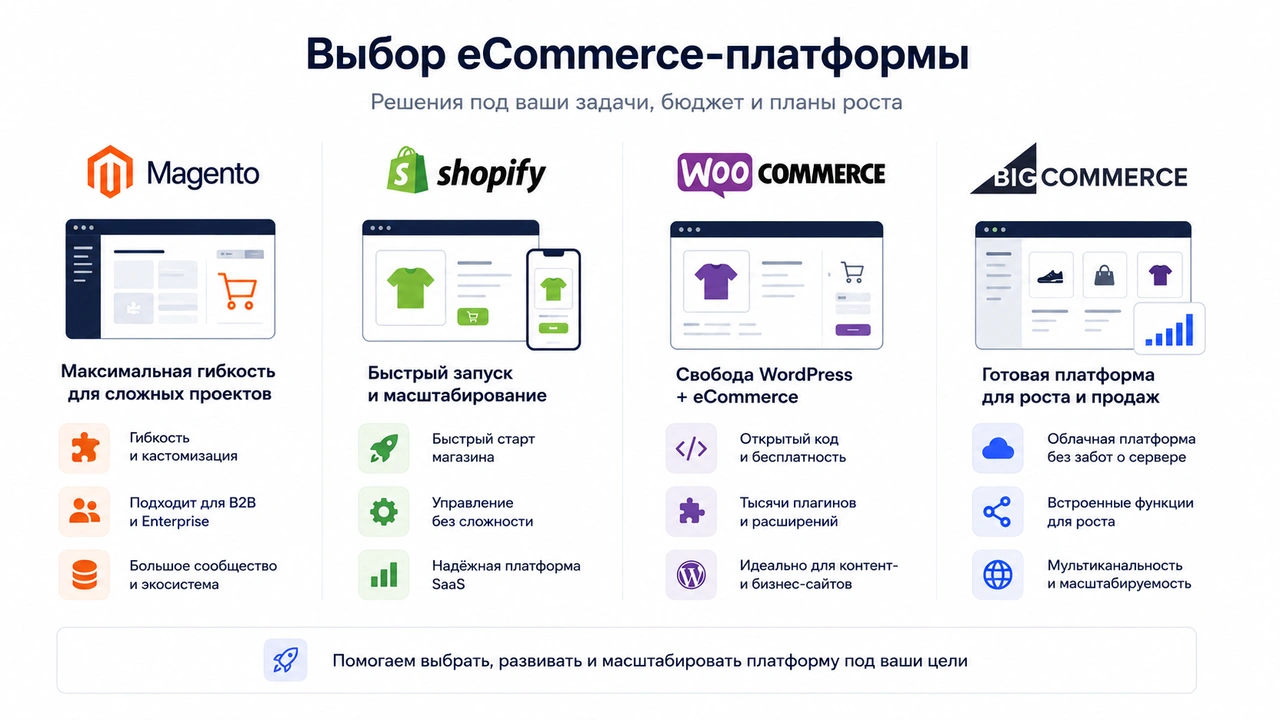 Сравнение eCommerce-платформ Magento, Shopify, WooCommerce и BigCommerce для разных бизнес-задач