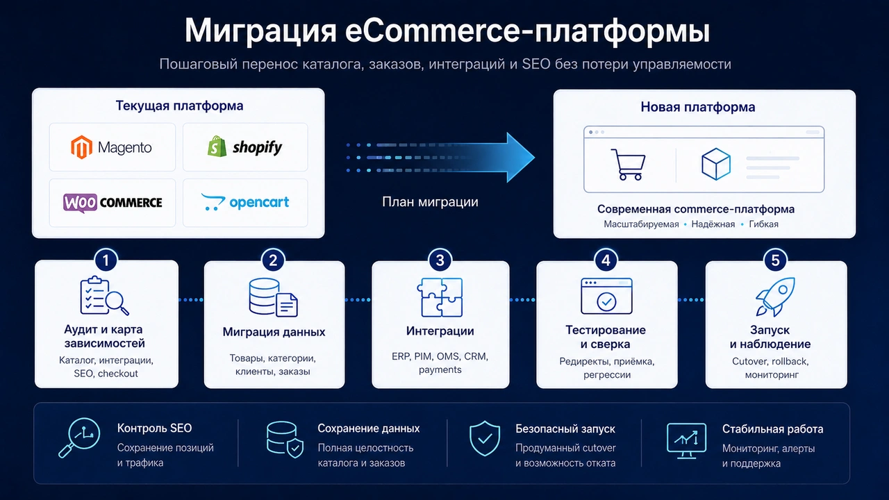 Миграция eCommerce-платформы с переносом данных, интеграций, тестированием и контролируемым запуском
