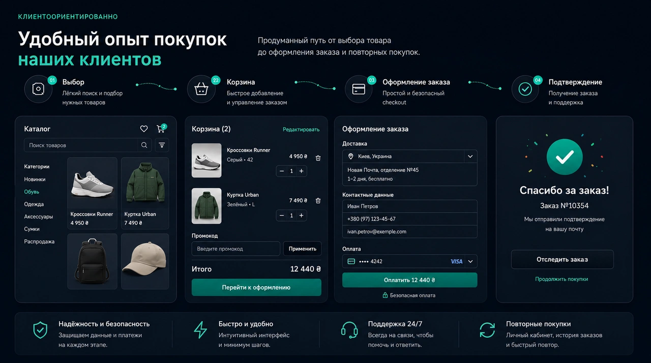 Путь покупателя в интернет-магазине от выбора товара и корзины до оформления и подтверждения заказа