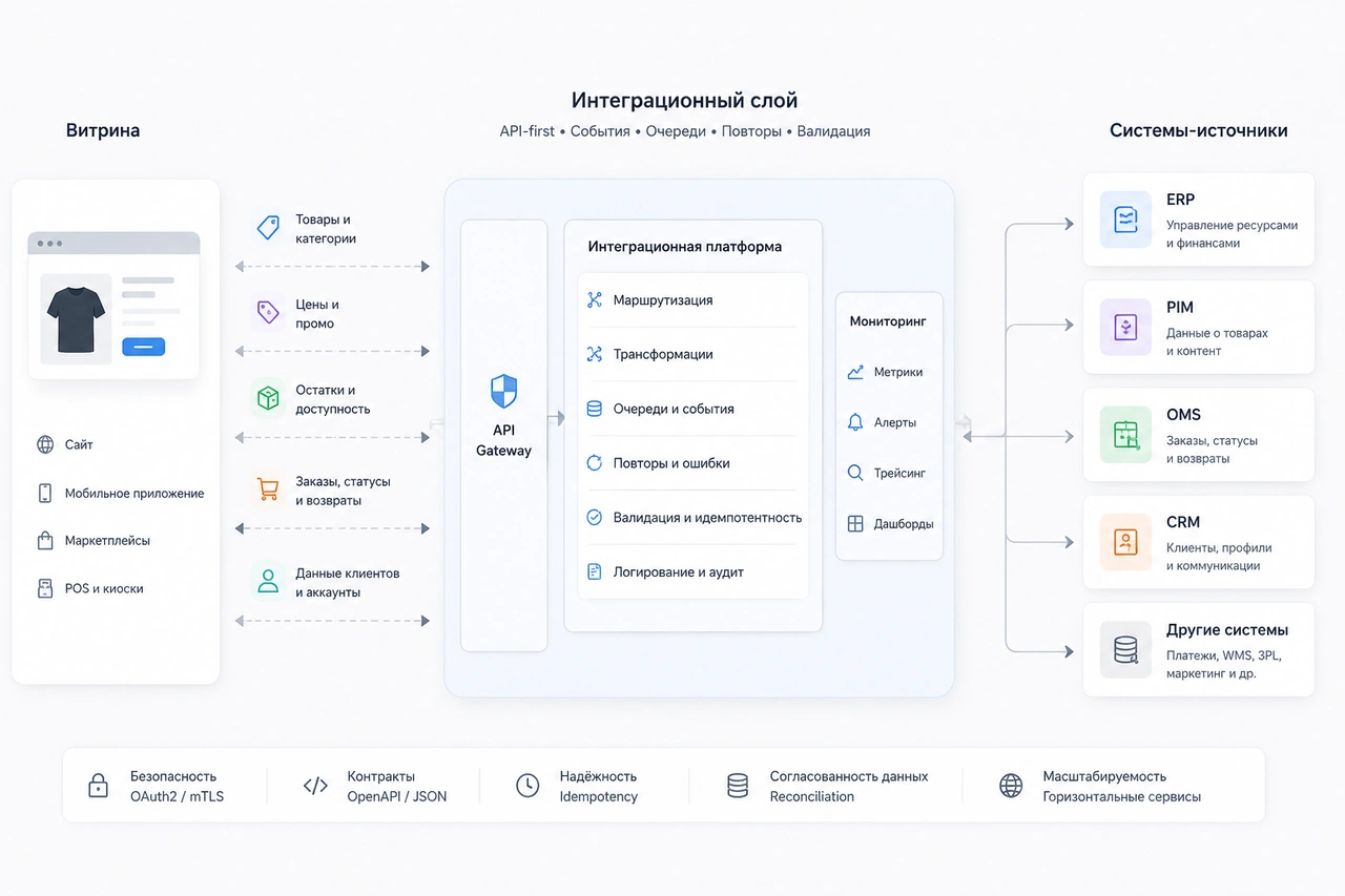 Схема API-интеграции интернет-магазина с ERP, PIM, OMS и CRM через интеграционный слой